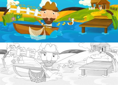 Çiftçi balıkçısının olduğu karikatür sahnesi. Ahşap evin yanında. Çocuklar için bir resim.