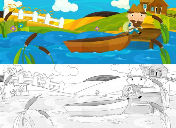 Мультяшная Сцена Рыбаком Работе Возле Лодки Иллюстрация Детей — стоковое фото