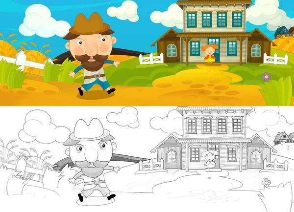 cartoon scene with farmers ranchers near wooden house - illustration for children