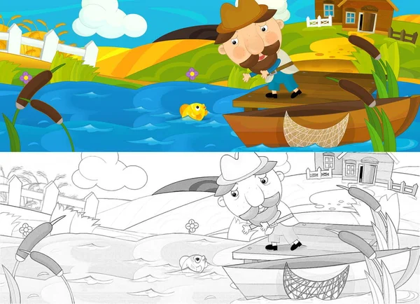 Kreslená Scéna Rybářem Práci Ilustrace Pro Děti — Stock fotografie