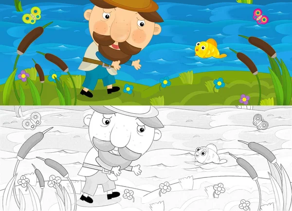 Kreslená Scéna Rybářem Při Práci Břehu Ilustrace Pro Děti — Stock fotografie