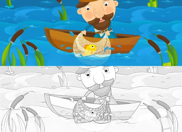 cartoon scene with fisherman at work sailing in the boat - illustration for children