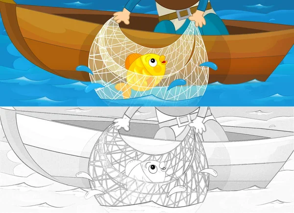 Escena Dibujos Animados Con Pescador Trabajo Navegando Barco Ilustración Para — Foto de Stock