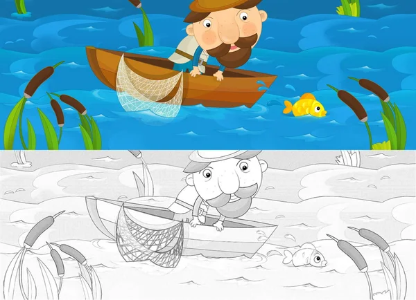 Escena Dibujos Animados Con Pescador Trabajo Navegando Barco Ilustración Para — Foto de Stock