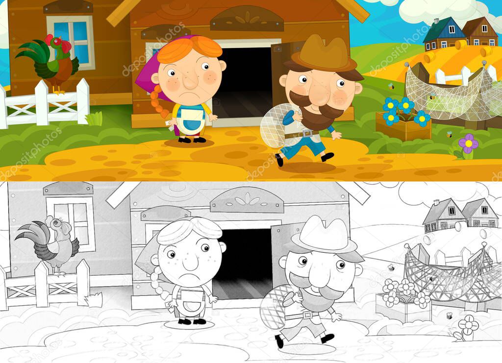 cartoon scene with farmers ranchers near wooden house - illustration for children