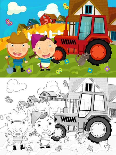 Cartoon Ranch Farm Scene Sketch Illustration Children — Stock Photo, Image