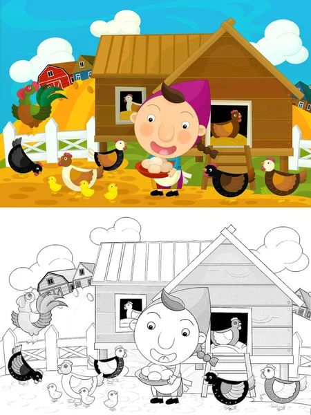 Tecknad Ranch Gård Scen Med Skiss Illustration För Barn — Stockfoto