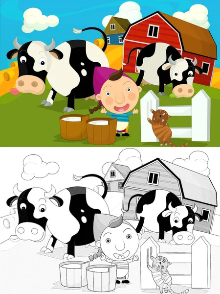 Cartoon Rancho Fazenda Cena Com Esboço Ilustração Para Crianças — Fotografia de Stock