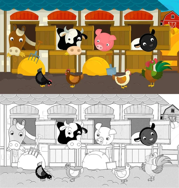 cartoon ranch farm scene with sketch - illustration for children