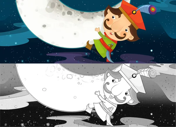 Kreskówka Scena Księciem Rycerzem Nocy Zewnątrz Ilustracja Dla Dzieci — Zdjęcie stockowe