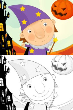 Karikatür cadılar bayramı sahnesinde çocukların robot resimlerini çizdim.