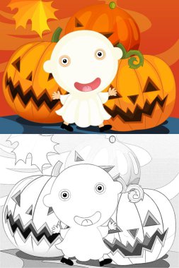 Karikatür cadılar bayramı sahnesinde çocukların robot resimlerini çizdim.