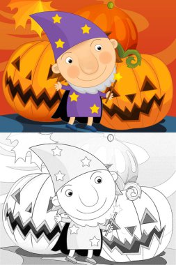 Karikatür cadılar bayramı sahnesinde çocukların robot resimlerini çizdim.