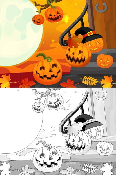 Cartoon Halloween Scéna Náčrtem Ilustrace Dětí — Stock fotografie