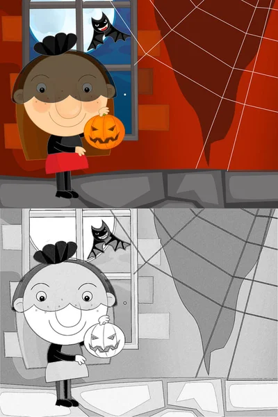 Cartoon Halloween Scene Met Schets Illustratie Kinderen — Stockfoto