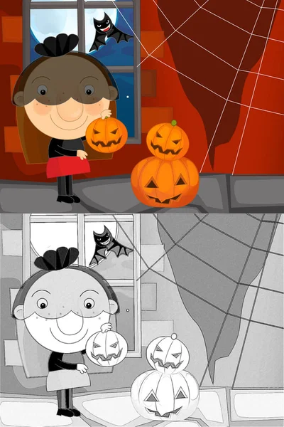 Cartoon Halloween Scéna Náčrtem Ilustrace Dětí — Stock fotografie