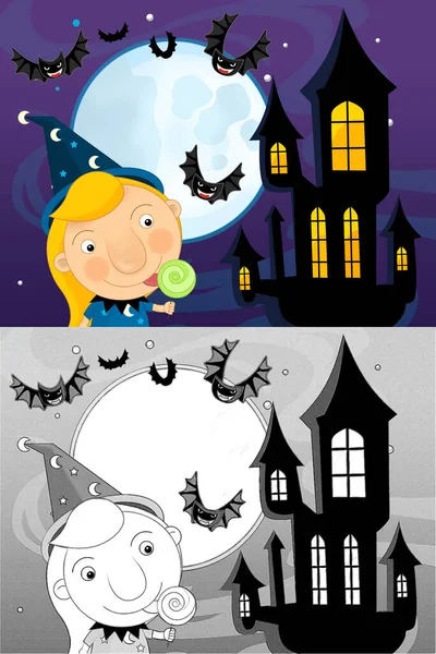 Cartoon Halloween Scene Met Schets Illustratie Kinderen — Stockfoto