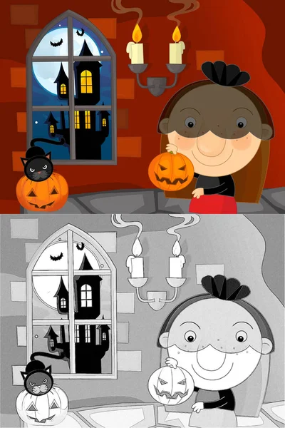 Cartoon halloween scene with sketch illustration the children