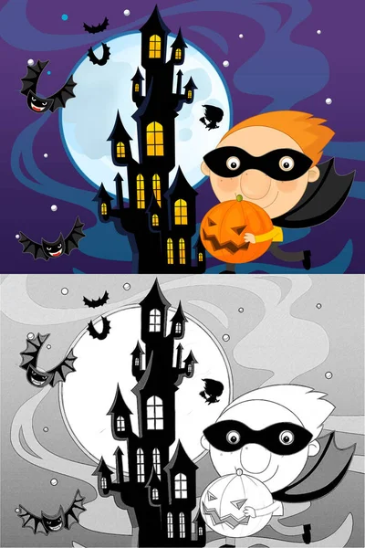 Cartoon Halloween Scene Met Schets Illustratie Kinderen — Stockfoto