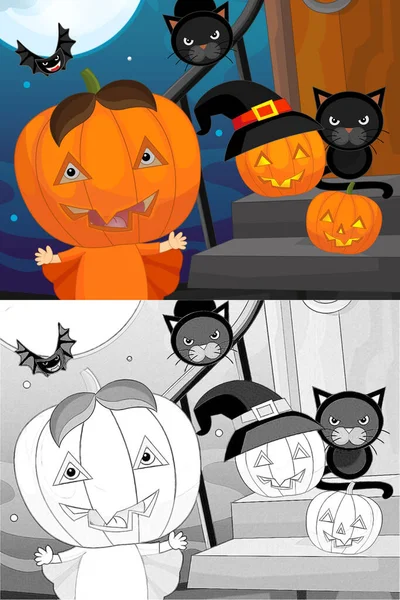Cartoon halloween scene with sketch illustration the children