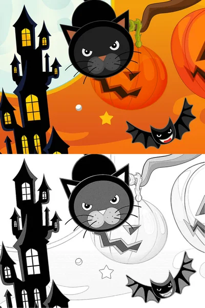 Desenhos Animados Halloween Cena Com Esboço Ilustração Crianças — Fotografia de Stock