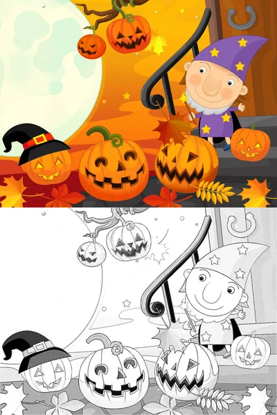 Cartoon Halloween Scene Met Schets Illustratie Kinderen — Stockfoto