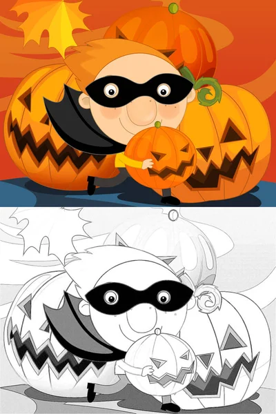 Dibujos Animados Escena Halloween Con Ilustración Bosquejo Los Niños —  Fotos de Stock