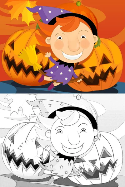 Cartoon Halloween Scene Met Schets Illustratie Kinderen — Stockfoto