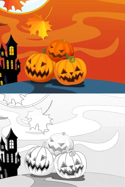Cartoon Halloween Scéna Náčrtem Ilustrace Dětí — Stock fotografie
