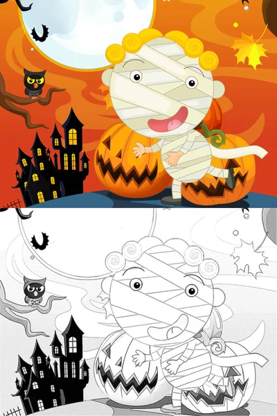 Cartoon Halloween Scene Met Schets Illustratie Kinderen — Stockfoto