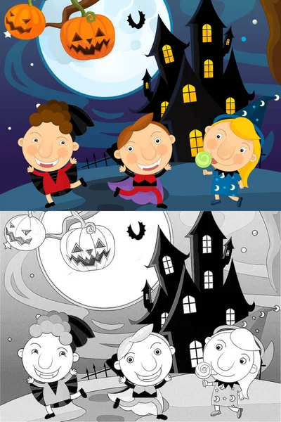 Dibujos Animados Escena Halloween Con Ilustración Bosquejo Los Niños — Foto de Stock