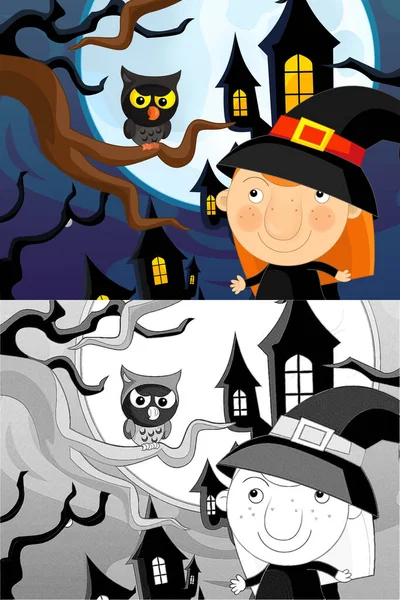 Tecknad Halloween Scen Med Skiss Illustration Barnen — Stockfoto