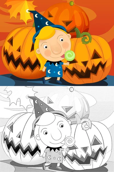 Cartoon Halloween Scene Met Schets Illustratie Kinderen — Stockfoto