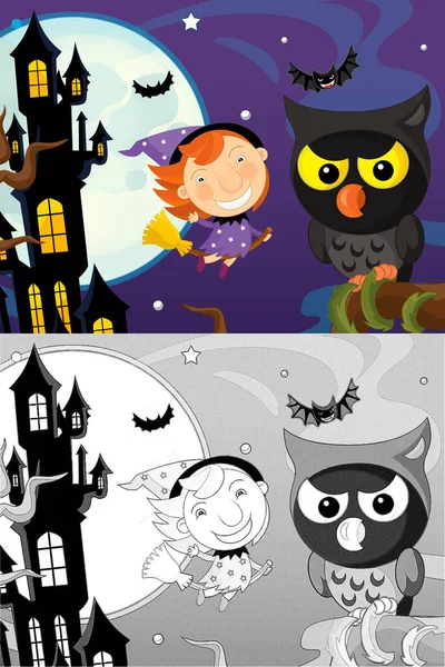 Cartoon Halloween Scéna Náčrtem Ilustrace Dětí — Stock fotografie