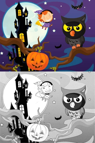 Cartoon Halloween Scene Met Schets Illustratie Kinderen — Stockfoto