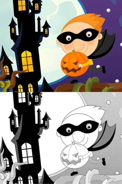 Rajzfilm Halloween Jelenet Vázlat Illusztrálja Gyerekek — Stock Fotó