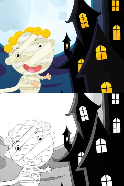 Cartoon Halloween Scene Met Schets Illustratie Kinderen — Stockfoto