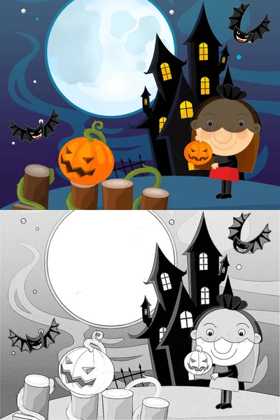 Cartoon Halloween Scene Met Schets Illustratie Kinderen — Stockfoto