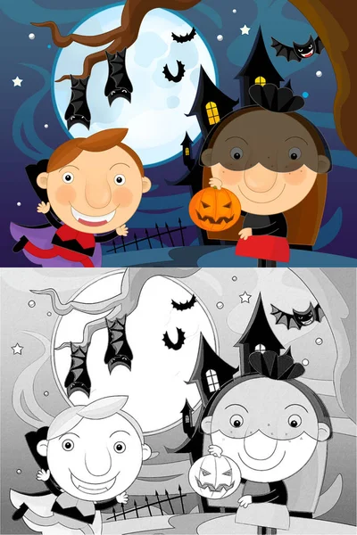 Tecknad Halloween Scen Med Skiss Illustration Barnen — Stockfoto