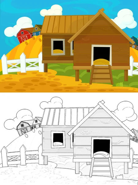 Cartoon Ranch Boerderij Scène Met Schets Illustratie Voor Kinderen — Stockfoto