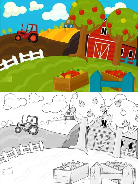 Καρτούν Αγρόκτημα Αγρόκτημα Σκηνή Σκίτσο Εικονογράφηση Για Παιδιά — Φωτογραφία Αρχείου