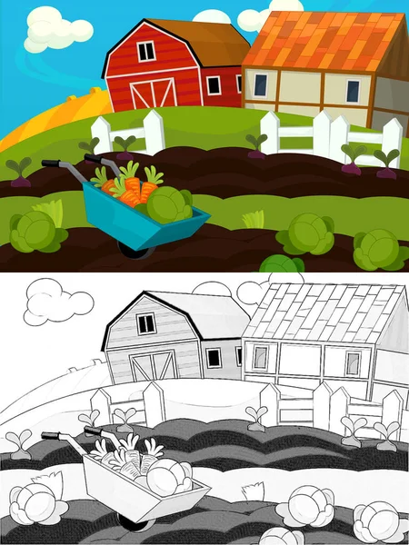 Cartoon Rancho Fazenda Cena Com Esboço Ilustração Para Crianças — Fotografia de Stock