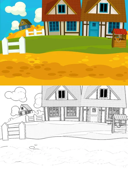 Cartoon Ranch Farm Scene Sketch Illustration Children — Stock Photo, Image