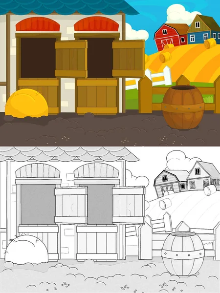 Cartoon Ranch Farm Szene Mit Sketch Illustration Für Kinder — Stockfoto