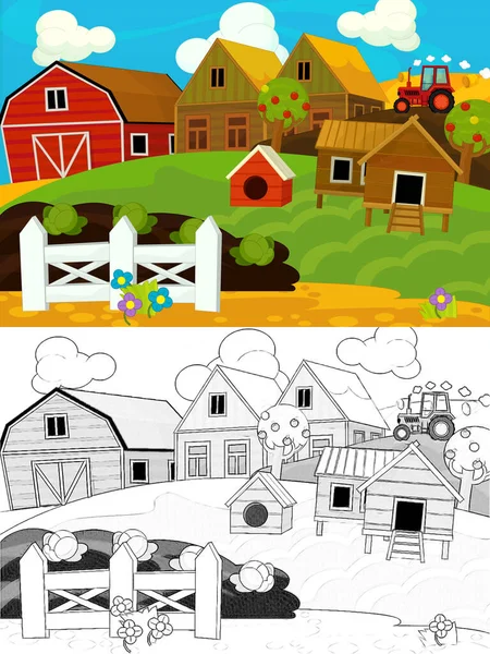 Caricatura Rancho Granja Escena Con Boceto Ilustración Para Los Niños — Foto de Stock