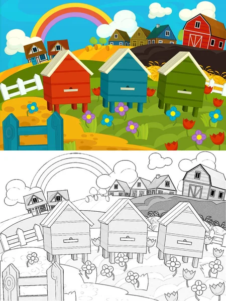 Cartoon Ranch Farm Szene Mit Sketch Illustration Für Kinder — Stockfoto