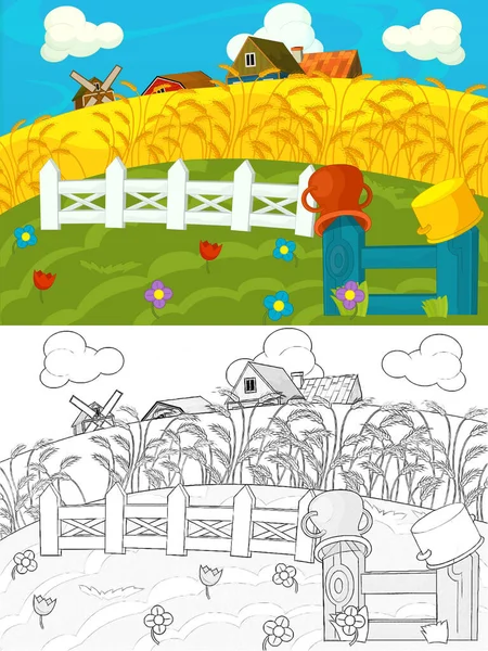 Kreslená Farmářská Scéna Náčrtem Ilustrace Pro Děti — Stock fotografie