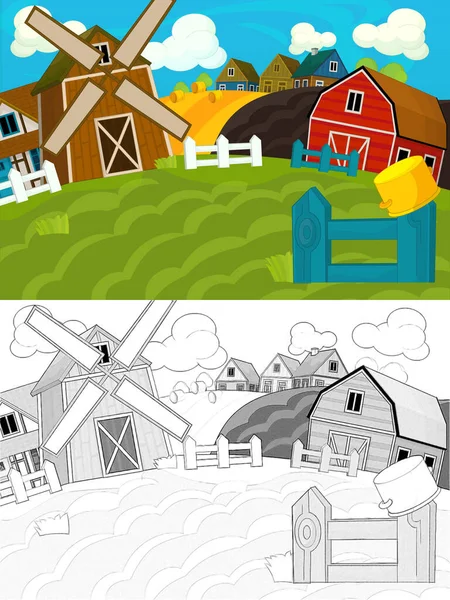 Kreslená Farmářská Scéna Náčrtem Ilustrace Pro Děti — Stock fotografie