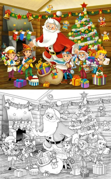 cartoon sketch scene with santa and dwarfs in the room illustration for children