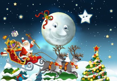 Noel Baba 'nın geyiklerle uçtuğu karikatür sahnesi - çocuklar için çizim